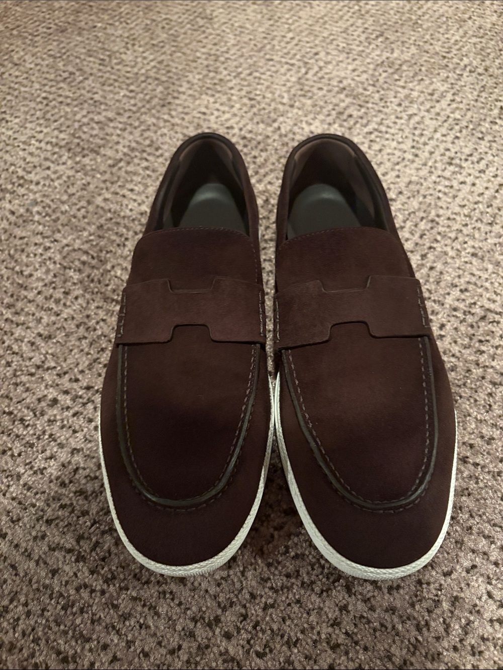 Hermes Dark Brown Suede Penny Loafers with White Sole